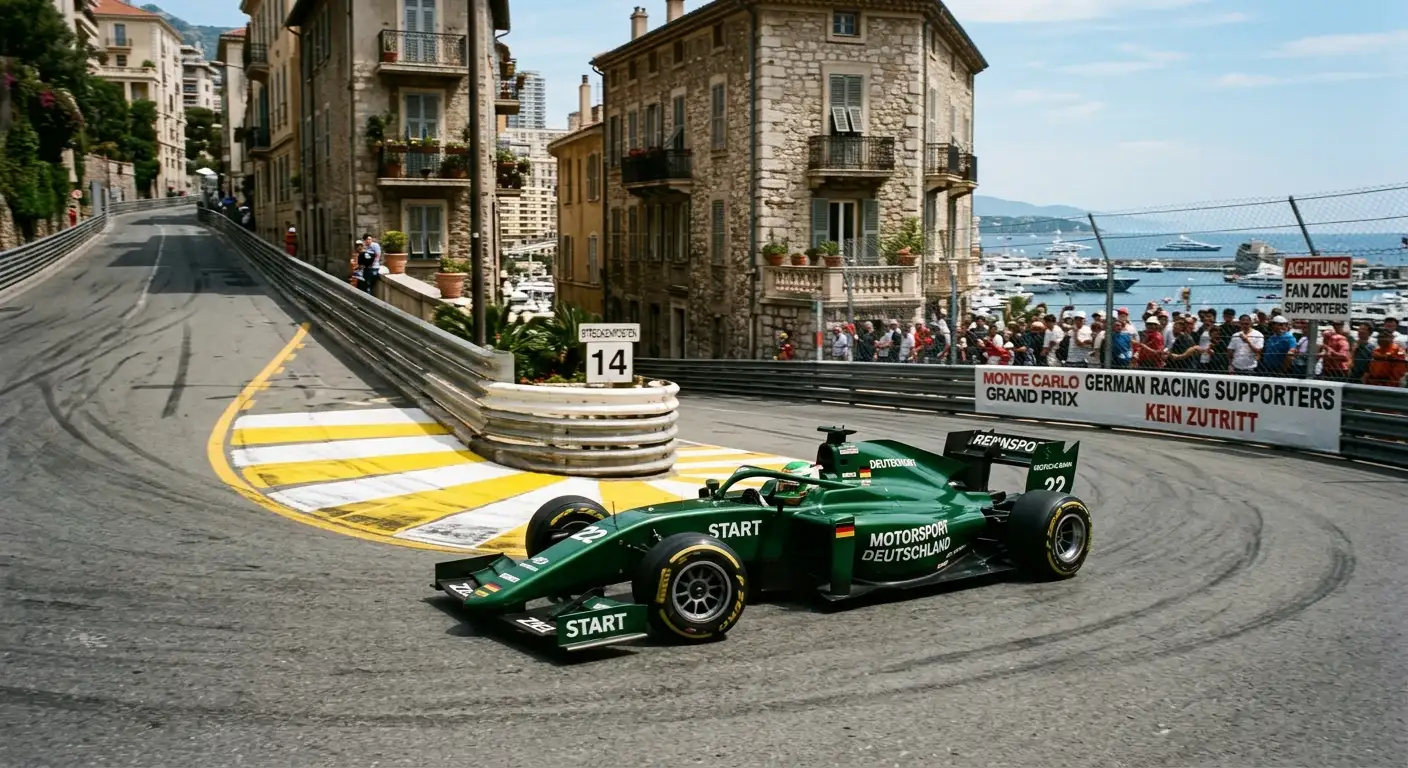 F1-Bolide in der engen Haarnadelkurve einer Stadtstrecke mit alten Steingebäuden im Hintergrund