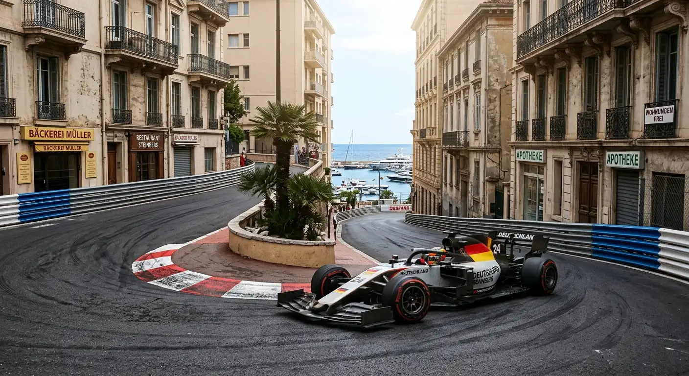 Enge Häuserschlucht des Monaco-Stadtkurses während eines Rennens