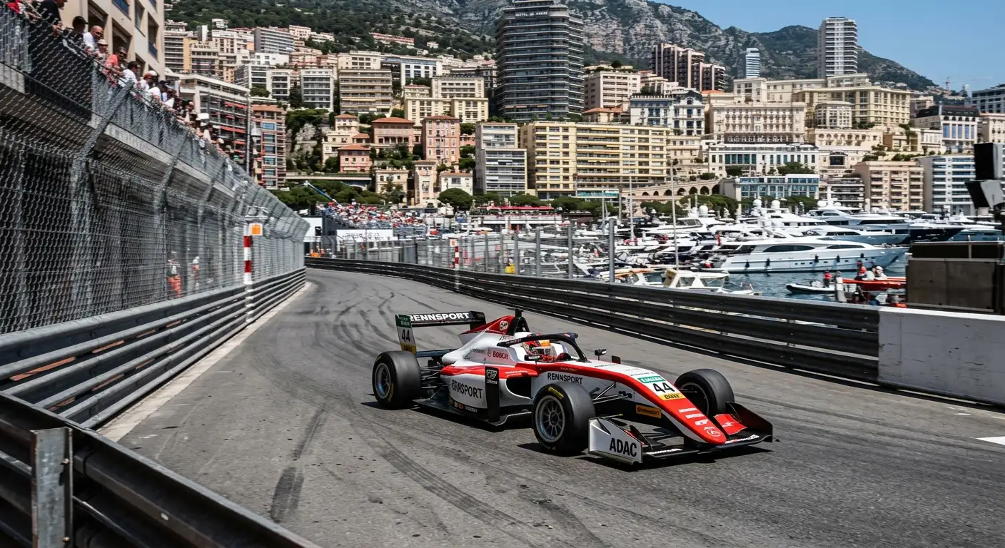 Enger Stadtkurs von Monaco mit Leitplanken und Hafenkulisse während eines Formel-1-Rennens