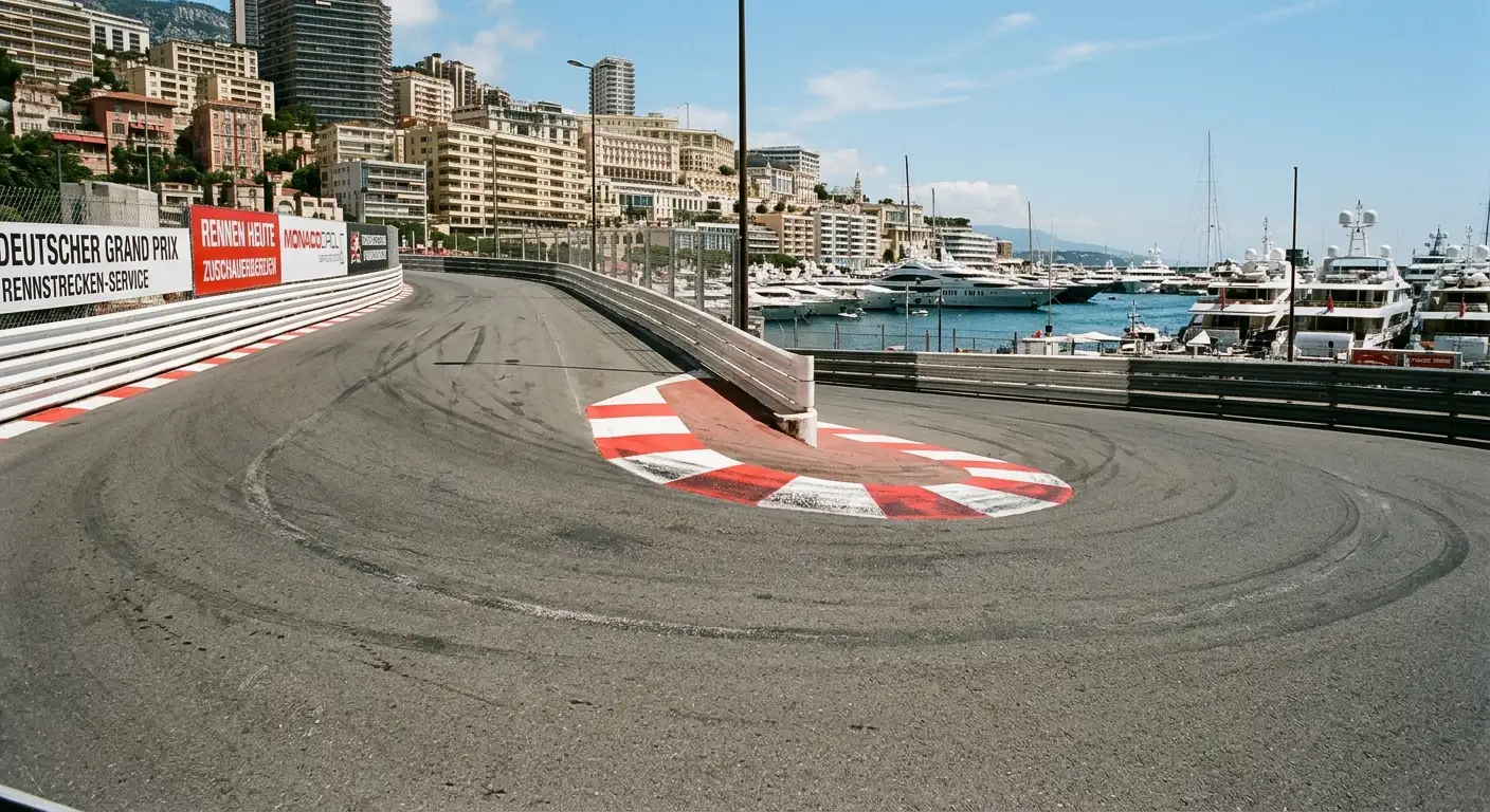 Stadtkurs Monaco mit Hafen im Hintergrund und Streckenmarkierungen für die Rekordrunde