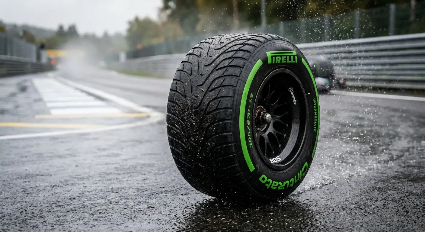 Profilierte Intermediate-Reifen eines Formel-1-Autos auf einer nassen Rennstrecke