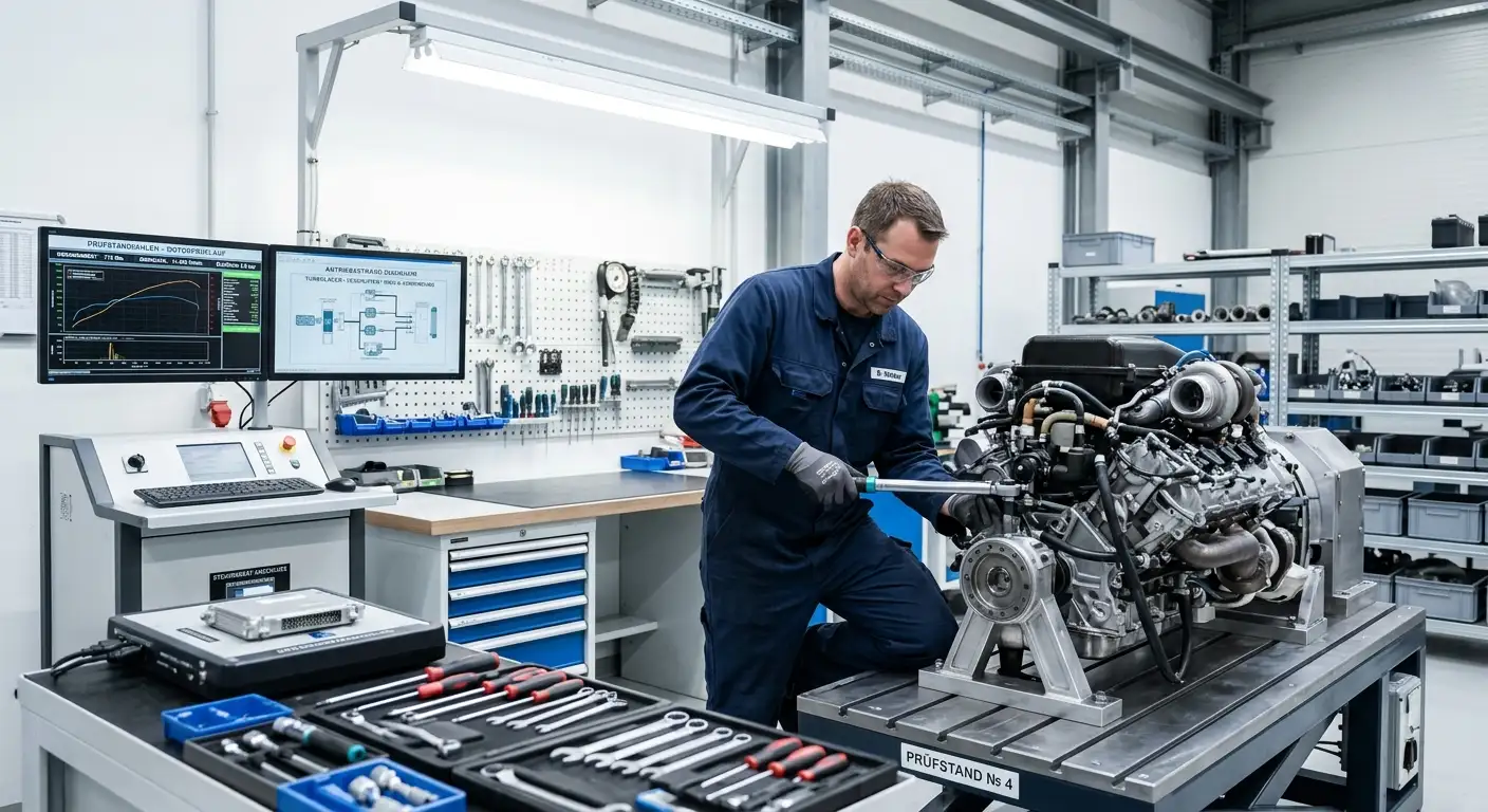 Mechaniker montiert eine neu entwickelte Formel-1-Power-Unit auf einem Prüfstand