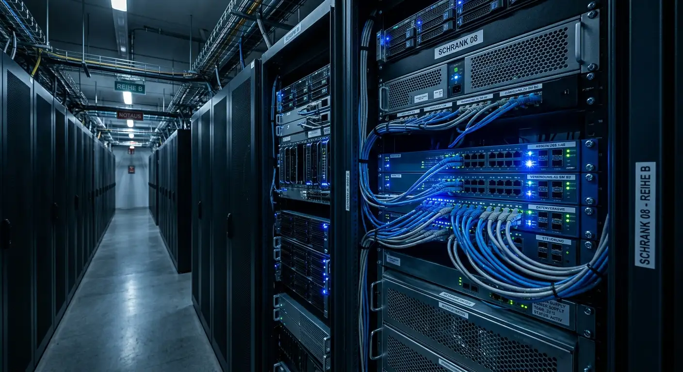 Symbolische Aufnahme eines Server-Schranks in einem dunklen Rechenzentrum als Hinweis auf die OASIS-Datenbank