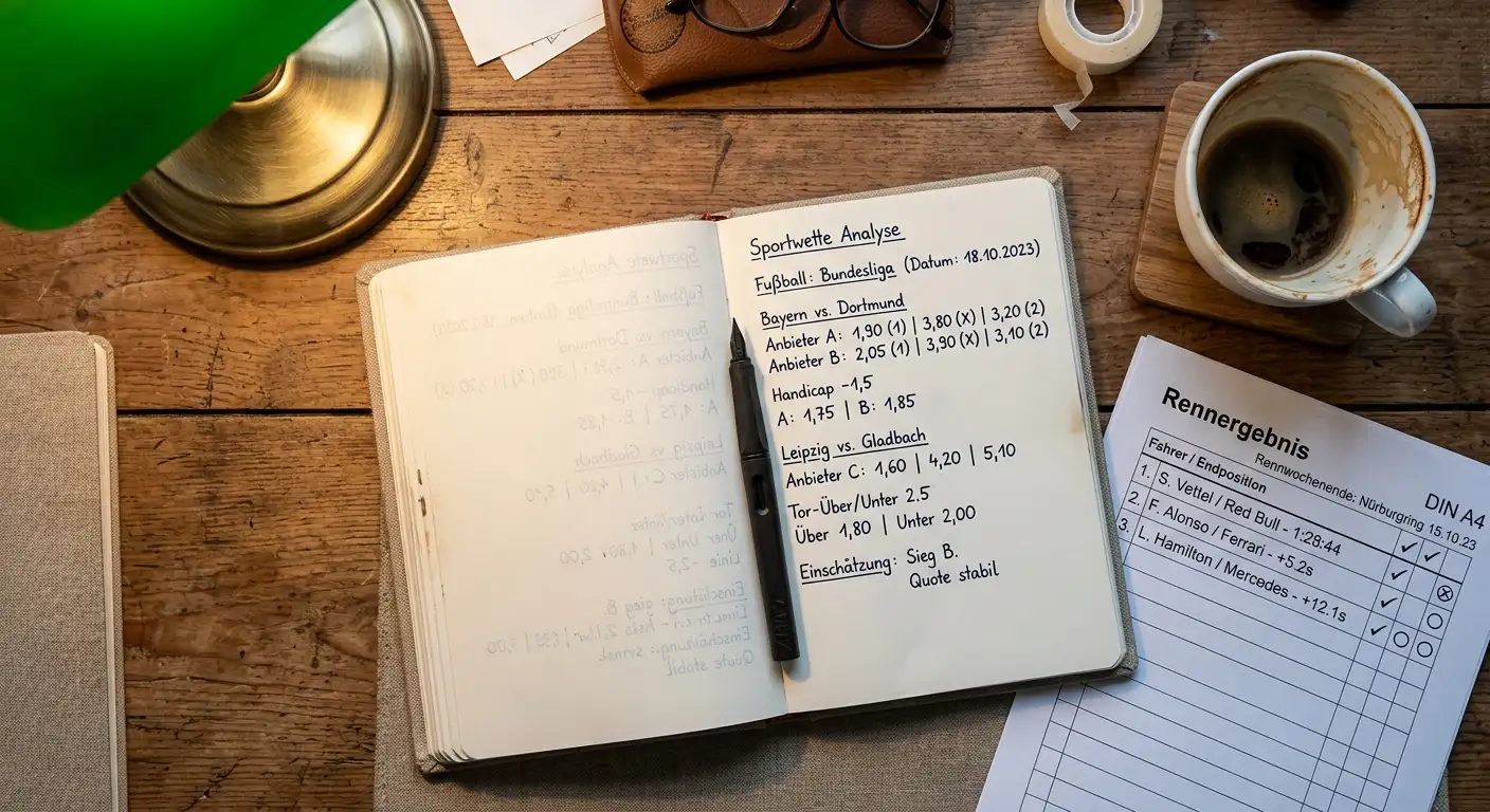 Notizbuch mit handschriftlichem Quotenvergleich verschiedener Sportwettenanbieter