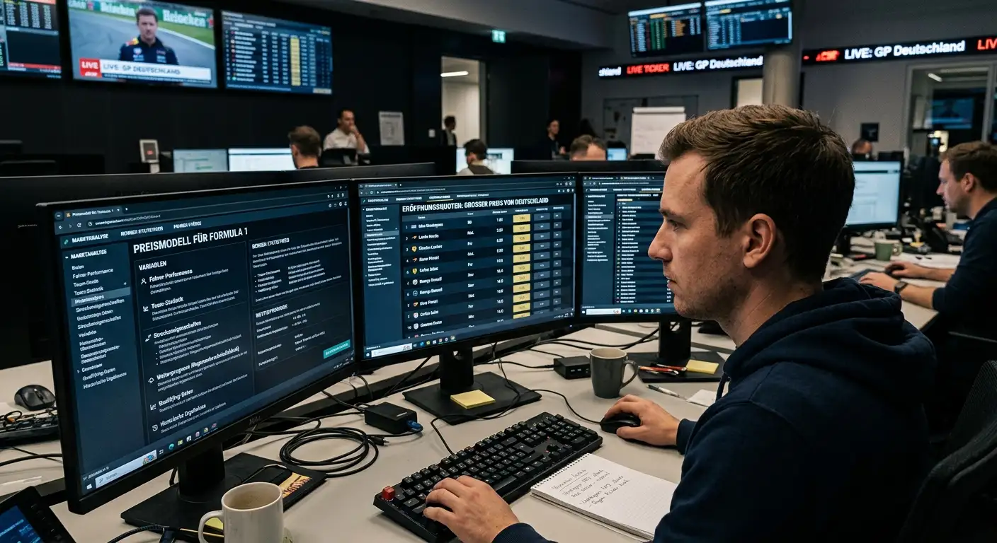 Wett-Trader erstellt eine Eröffnungslinie für ein Formel-1-Rennen am Monitor