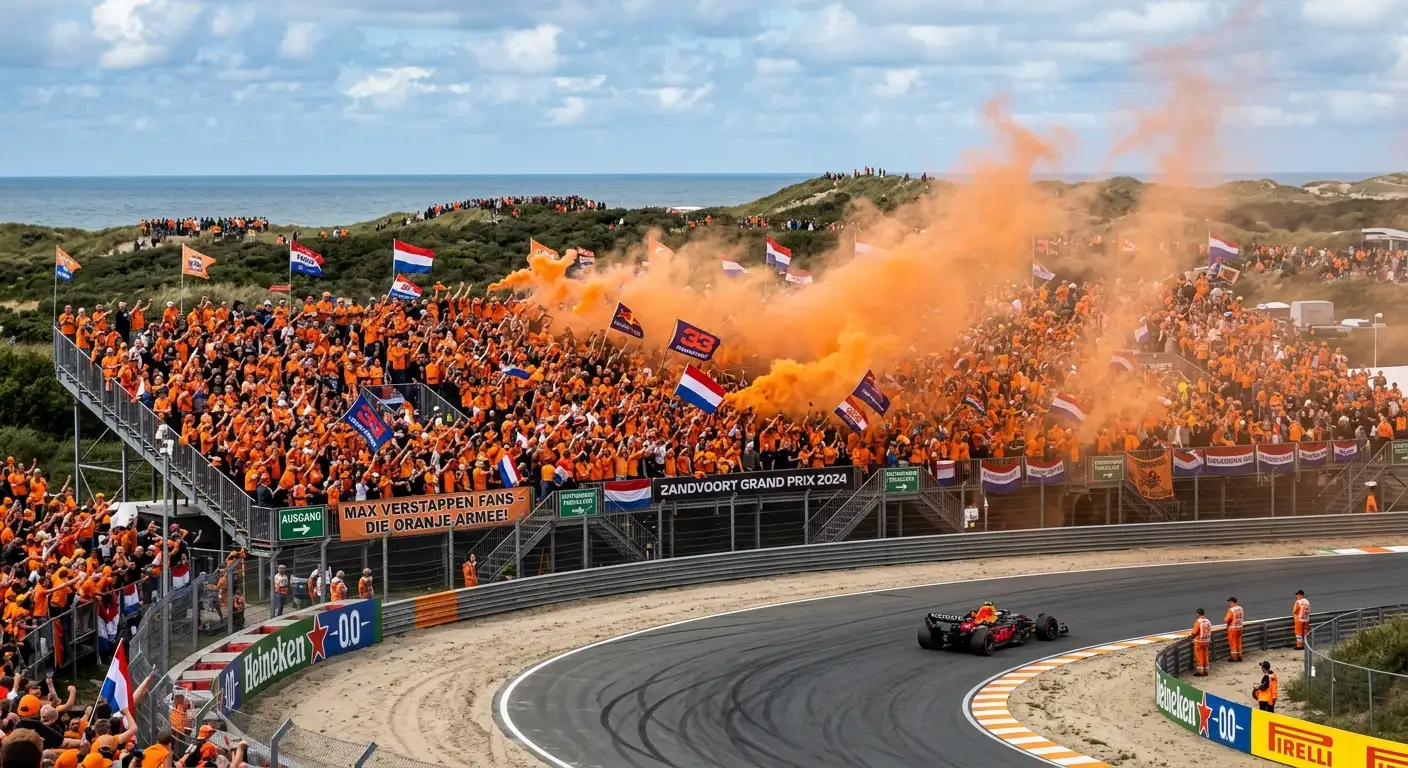 Orange gekleidete Fans an der Dünen-Rennstrecke von Zandvoort beim Formel-1-Rennen