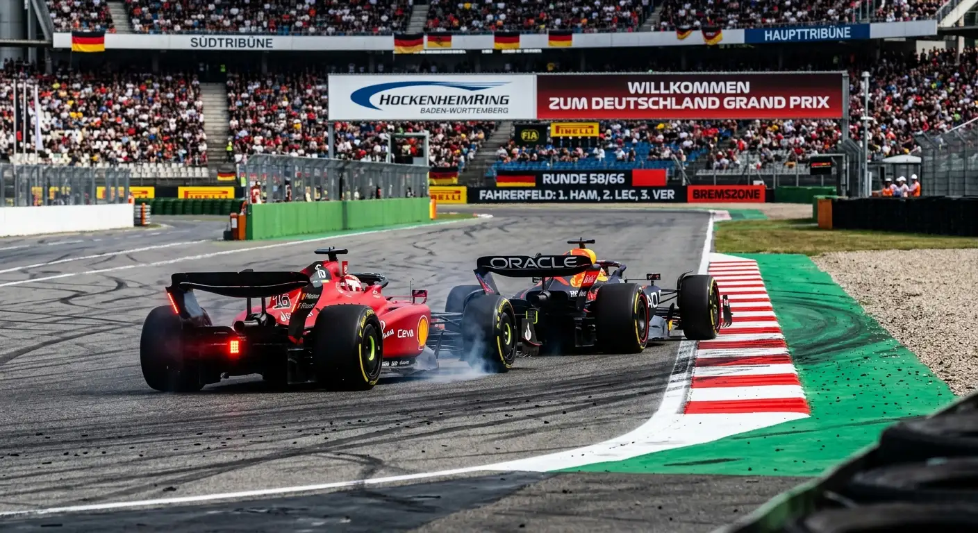 Ein Formel-1-Auto überholt am Ende einer Geraden ein anderes Auto