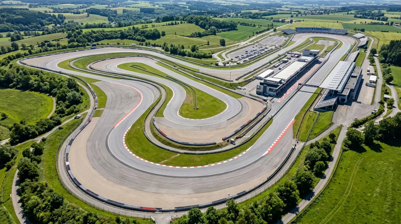 Luftaufnahme einer permanenten Formel-1-Rennstrecke mit Auslaufzonen und Tribünen