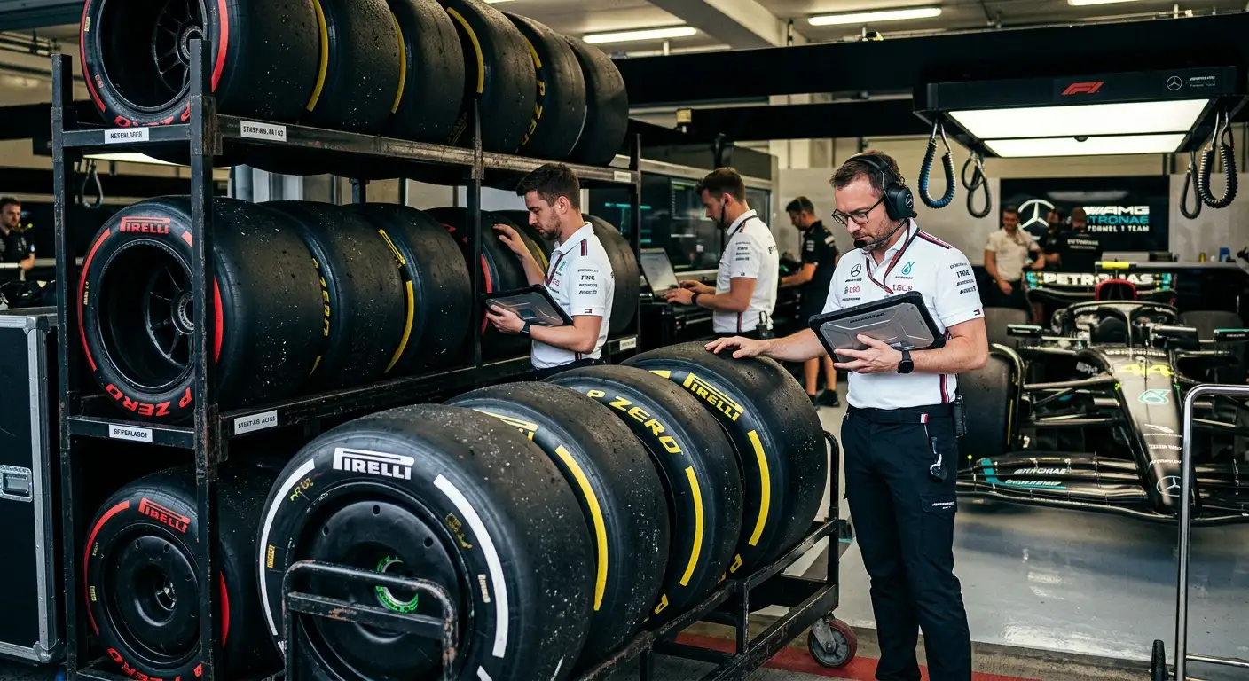 Pirelli-Reifensätze mit unterschiedlichen Mischungsmarkierungen auf einem Reifenregal in der Box