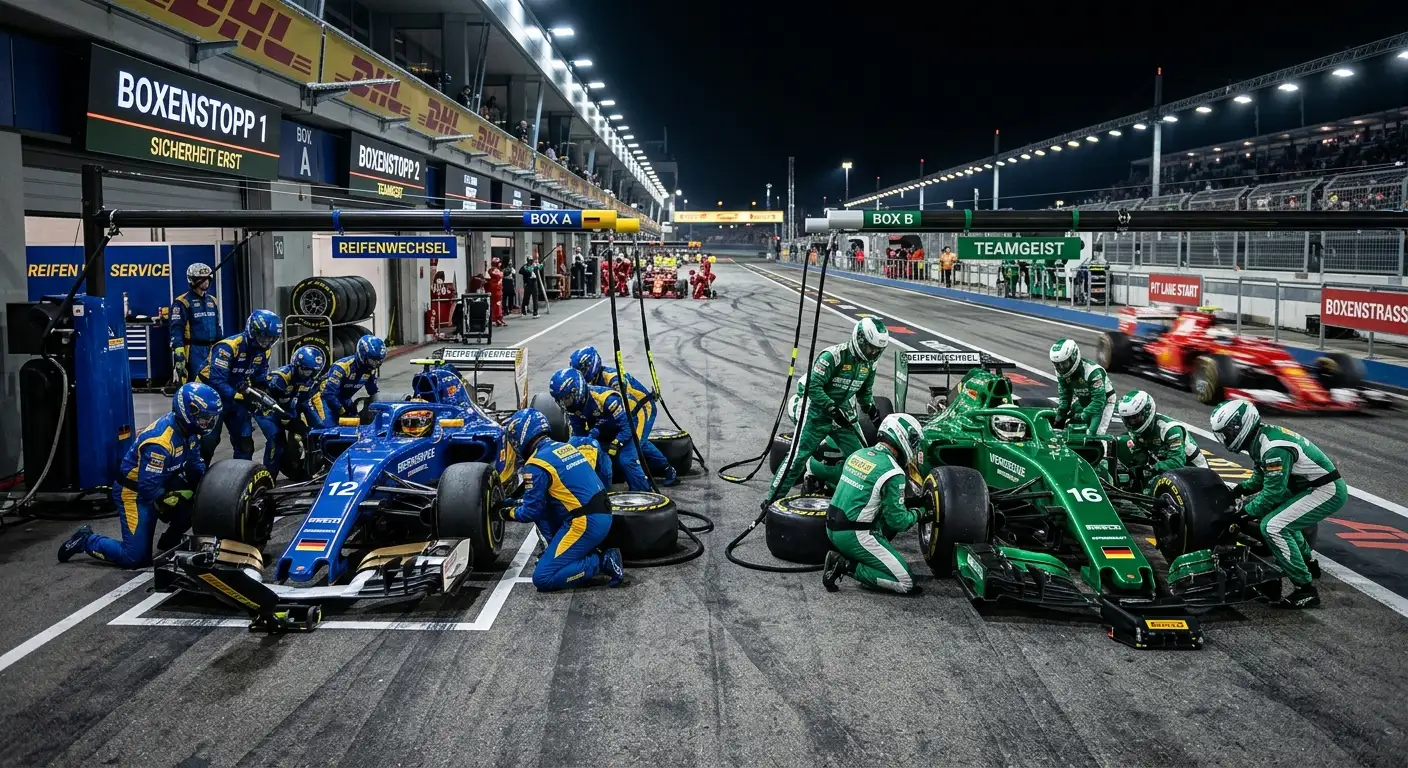 Zwei F1-Boliden zeitgleich an benachbarten Boxen während eines Pit-Window-Stopps