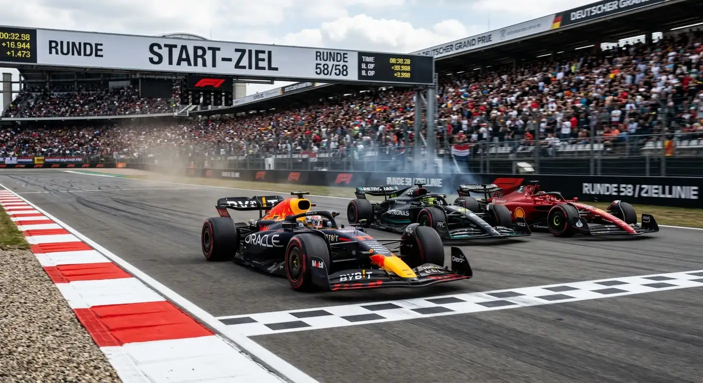 Drei Formel-1-Autos überqueren dicht hintereinander die Ziellinie eines Rennens