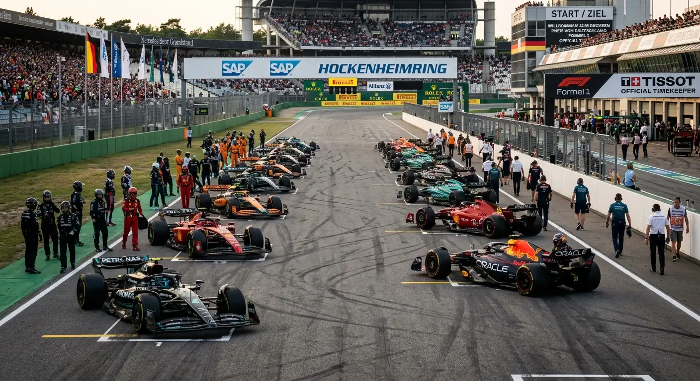 Formel-1-Startaufstellung mit den Boliden in Reih und Glied auf dem Grid vor dem Rennstart