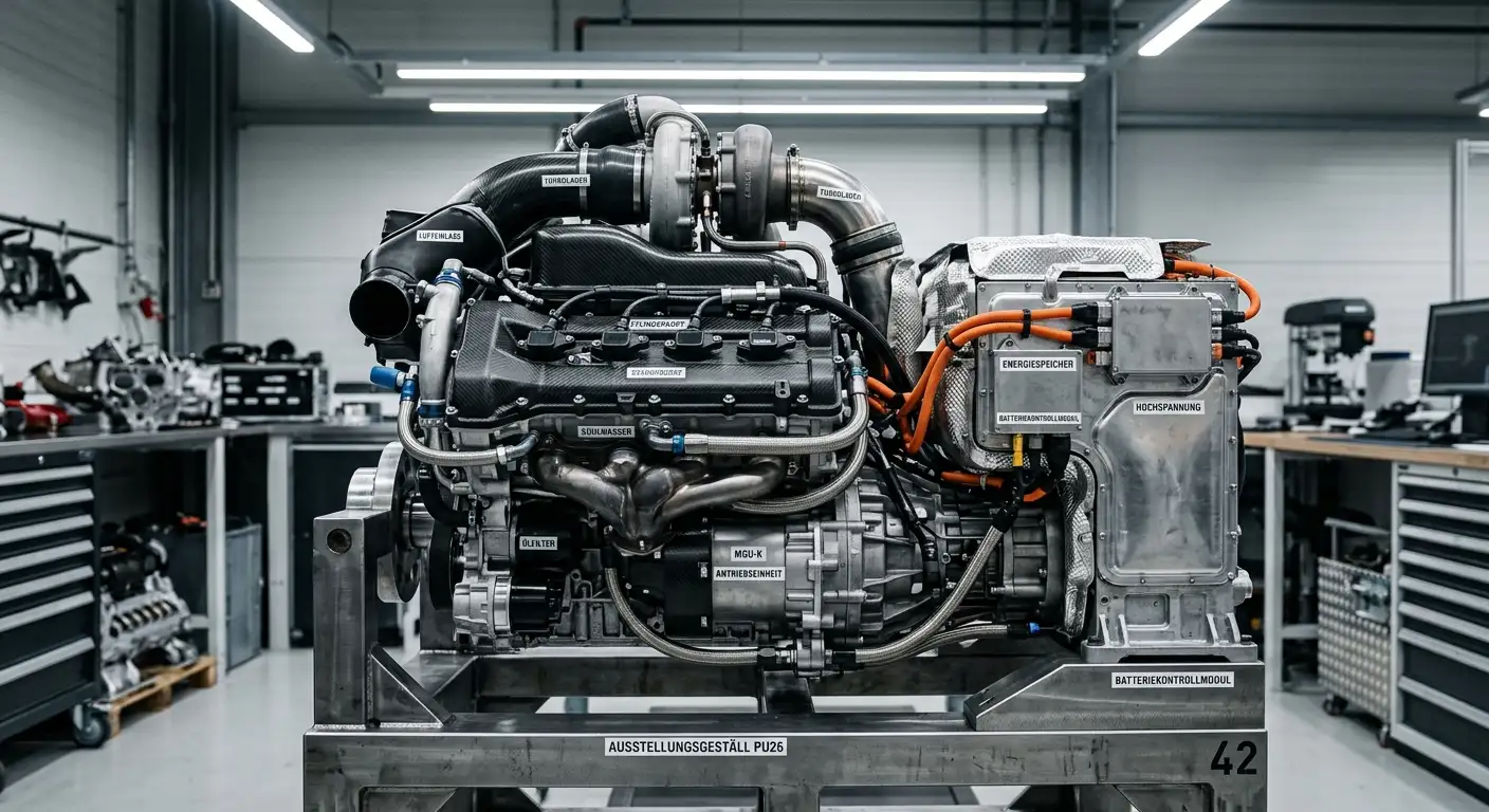 Detailaufnahme einer Formel-1-Power-Unit auf einem Werkstatt-Ständer mit sichtbarem Hybrid-System