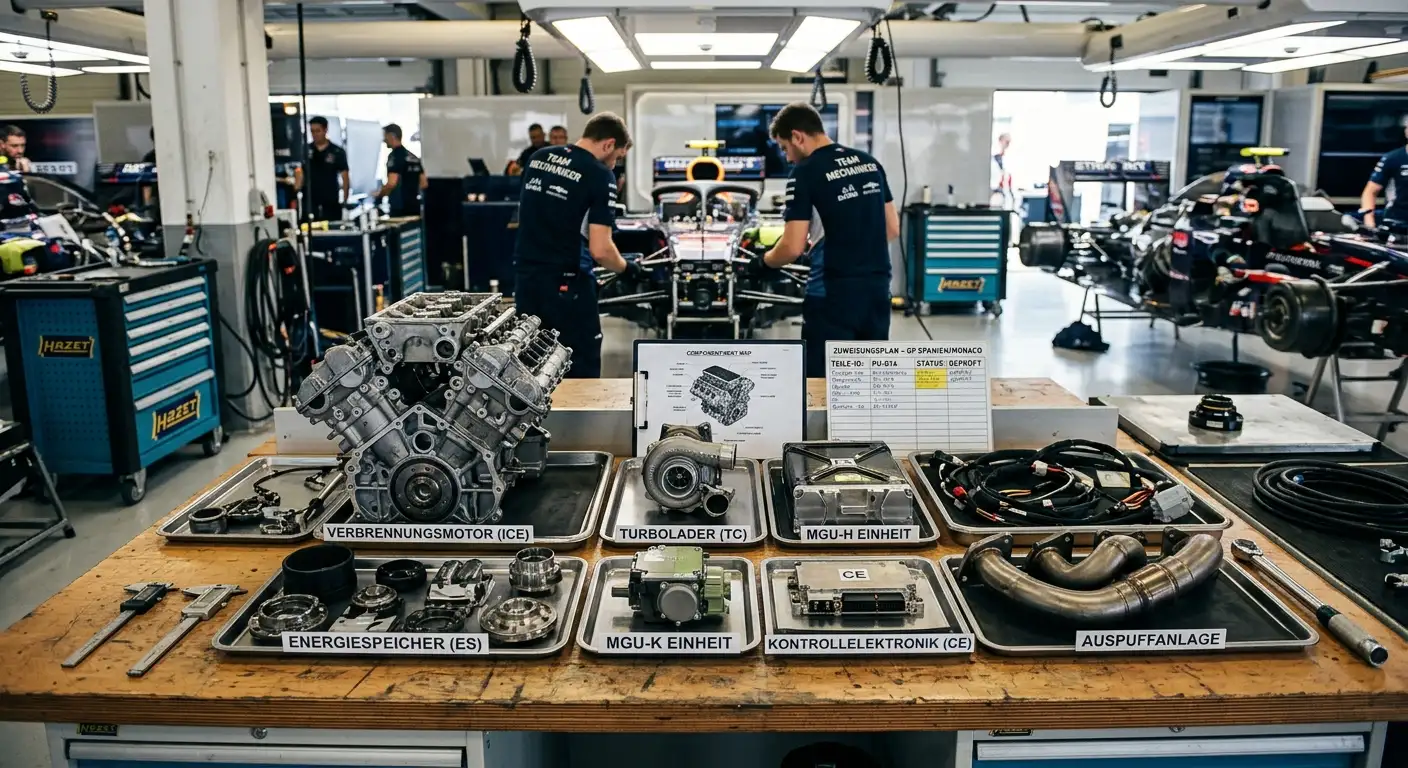 Power-Unit-Komponenten eines Formel-1-Teams in der Garage zur Kontingent-Planung