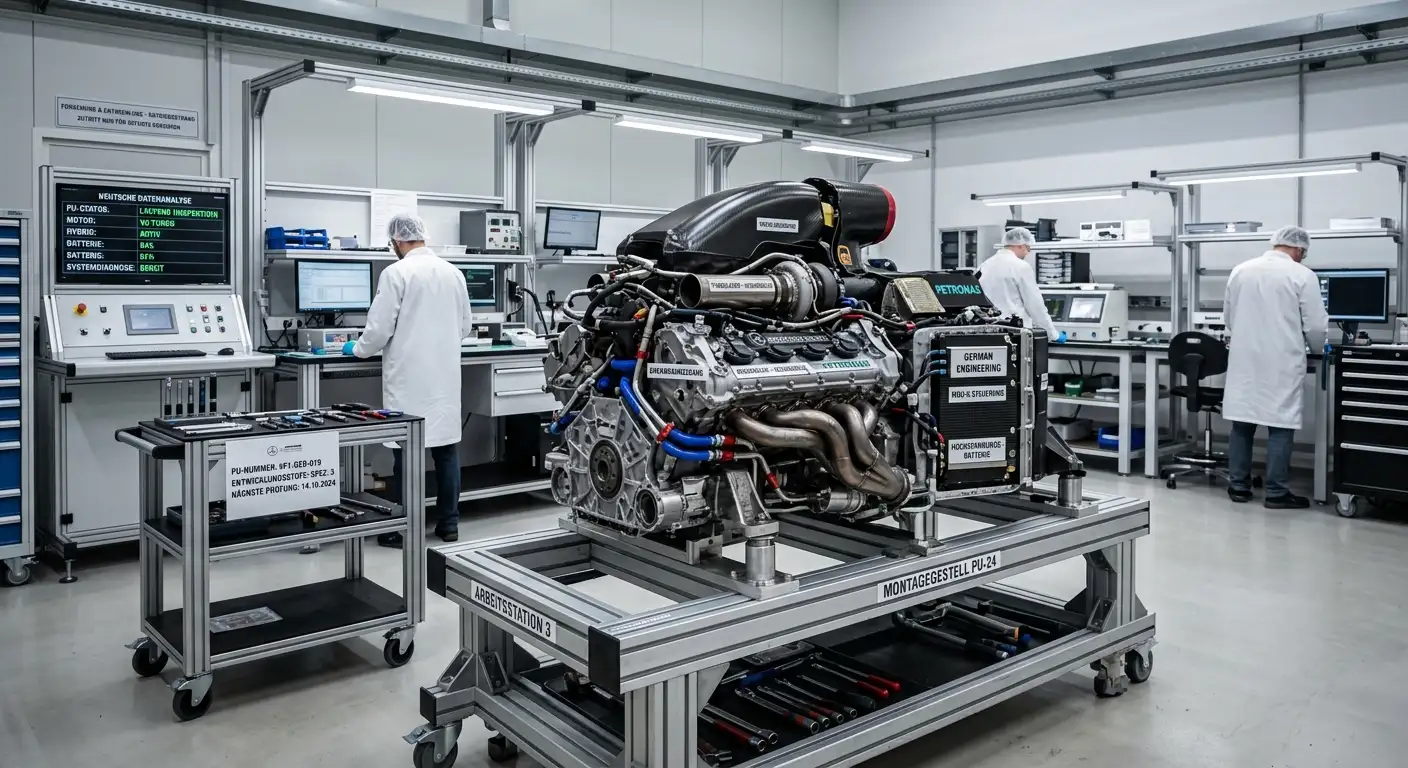 Neue selbst entwickelte Power-Unit eines Formel-1-Teams auf dem Montagestand