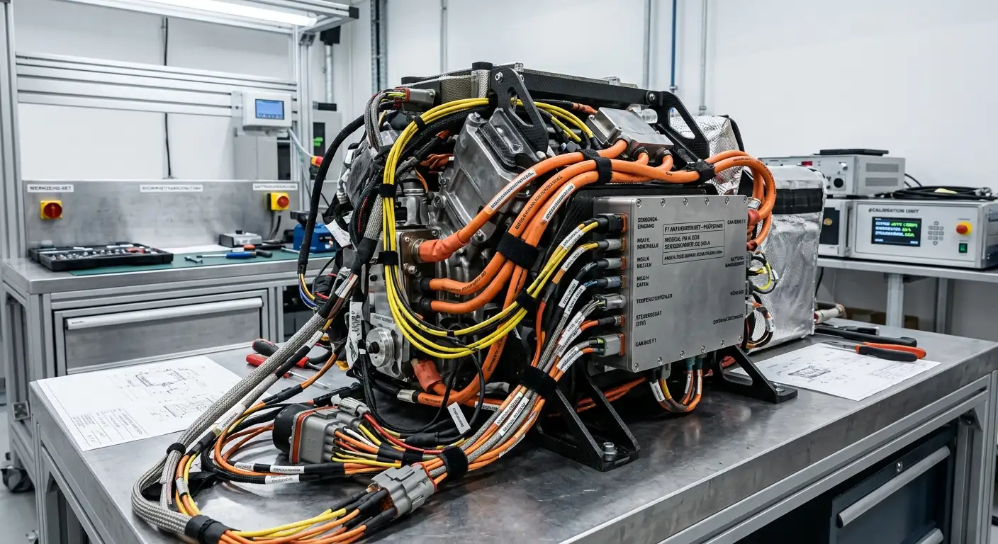 Komplexer elektrischer Antriebsstrang einer modernen Formel-1-Power-Unit in der Montage
