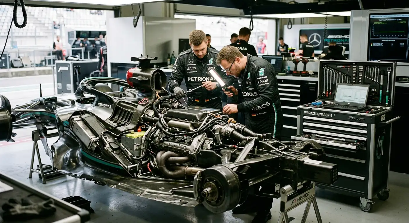 Mechaniker prüfen die Power-Unit eines Formel-1-Autos in der Garage auf Zuverlässigkeit