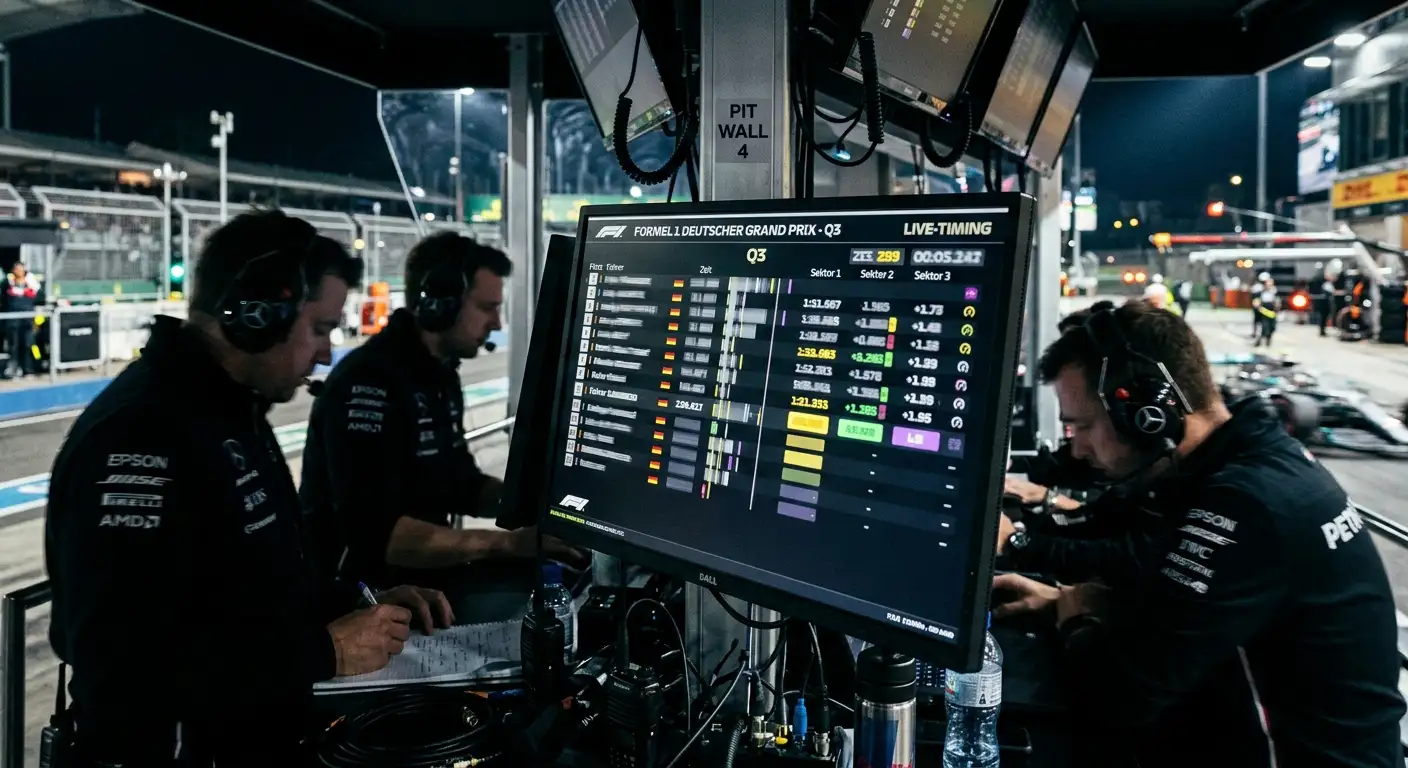 Pitwall-Monitor zeigt während des Qualifyings die schnellste Q3-Rundenzeit eines Fahrers