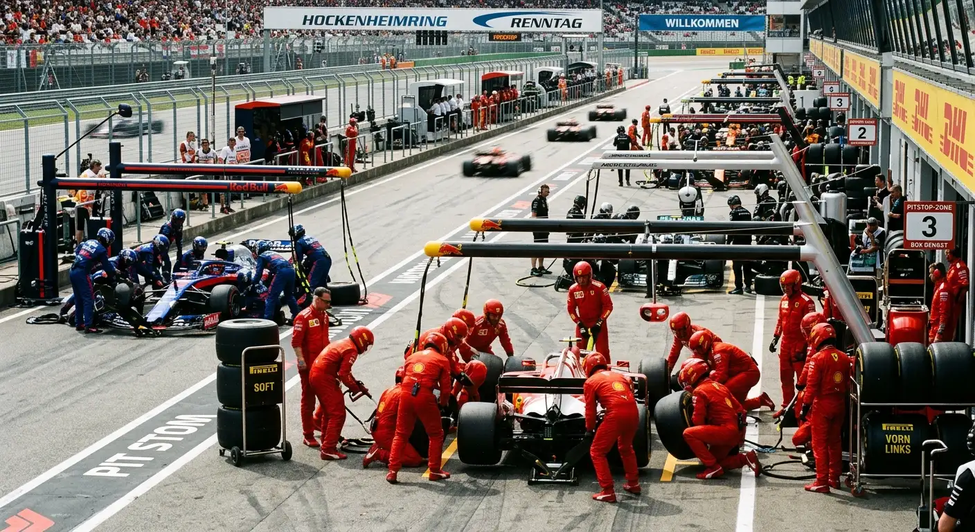 Geschäftiges Treiben in der Formel-1-Boxengasse am Renntag kurz vor dem Start