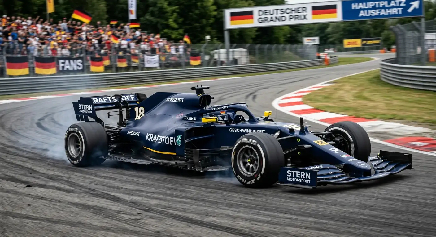 Dunkelblauer Formel-1-Rennwagen in schneller Fahrt auf der Strecke