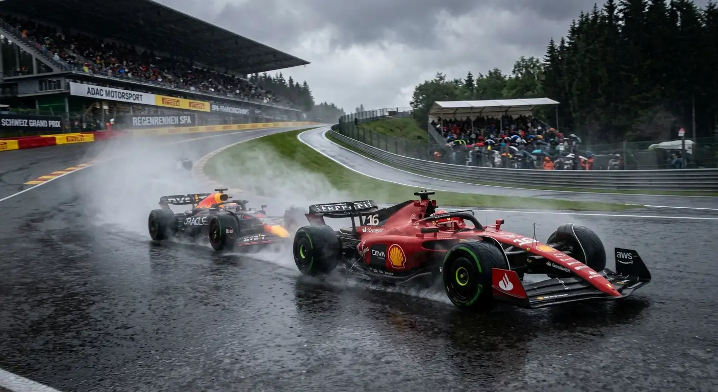 Formel-1-Auto kämpft sich bei Dauerregen durch das Mittelfeld nach vorne