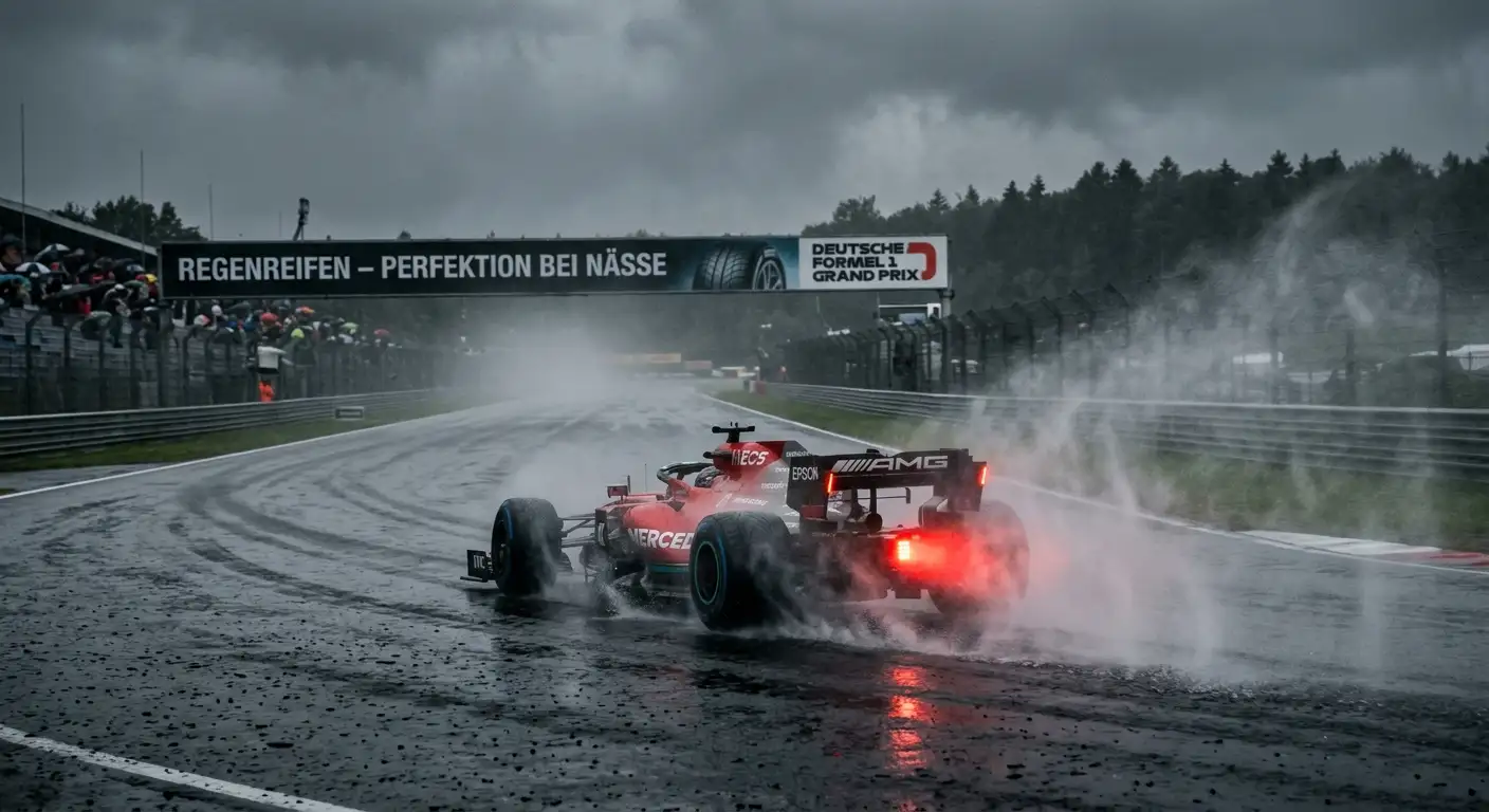Formel-1-Auto auf nasser Strecke mit aufwirbelnder Gischt im strömenden Regen