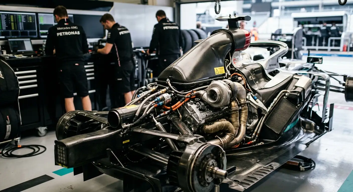 Moderne hybride Formel-1-Power-Unit mit sichtbaren Elektro-Komponenten im Motorraum eines Rennwagens