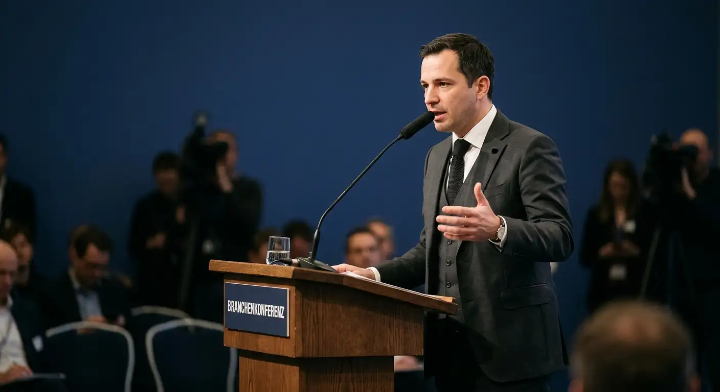 Sprecher an einem Rednerpult bei einer Branchen-Pressekonferenz zum regulierten Sportwetten-Markt