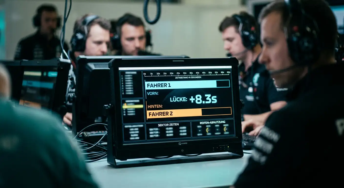 Pitwall-Monitor zeigt einen großen Zeitvorsprung des führenden Fahrers vor dem Verfolger