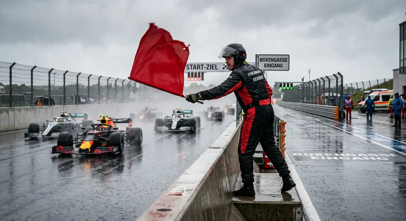 Streckenposten zeigt während eines abgebrochenen Formel-1-Rennens die rote Flagge an der Boxenausfahrt