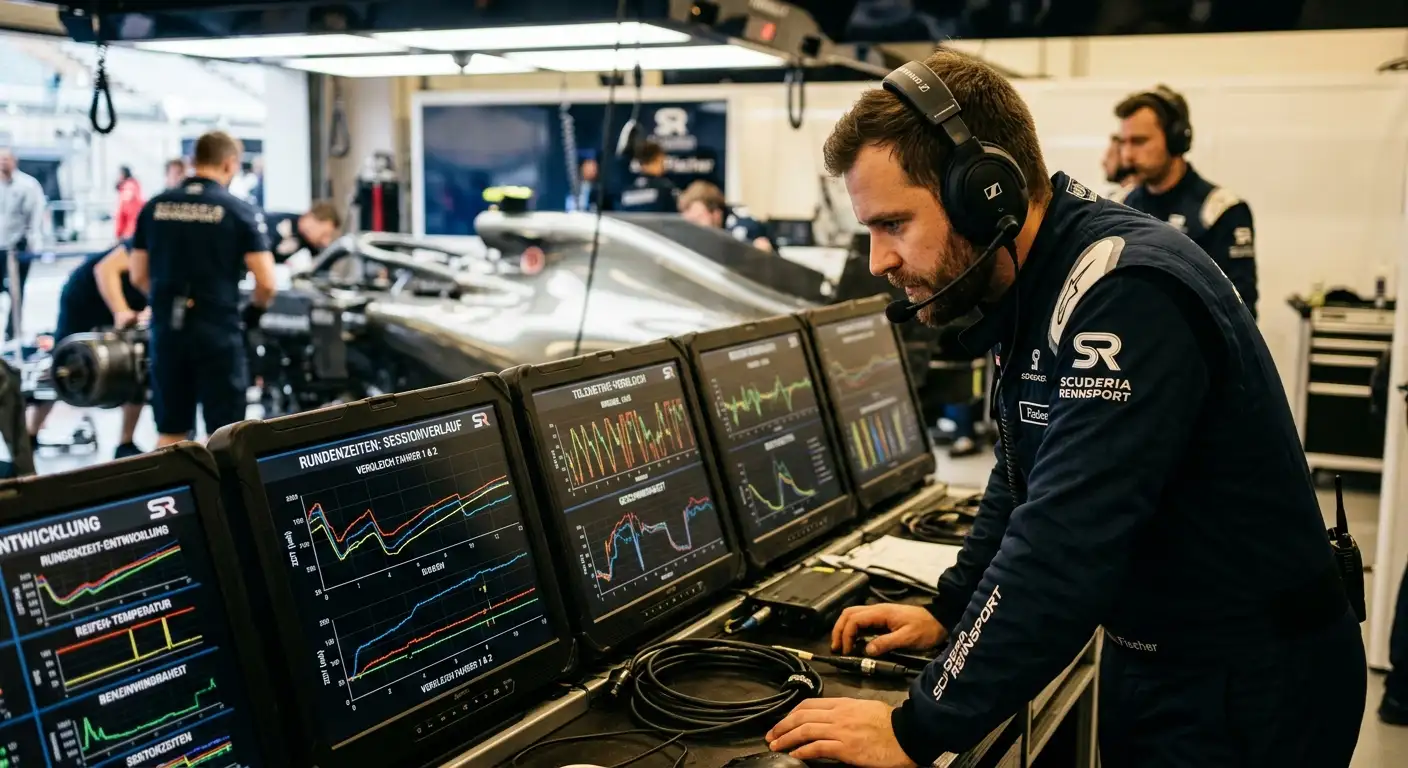 Renningenieur am Garagenmonitor analysiert Long-Run-Pace-Daten der Freitags-Session