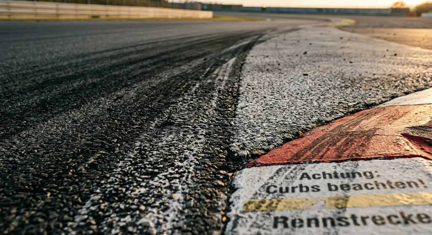 Detailaufnahme einer Asphaltspur mit zunehmendem Gummi-Abdruck im Verlauf eines Renn-Wochenendes