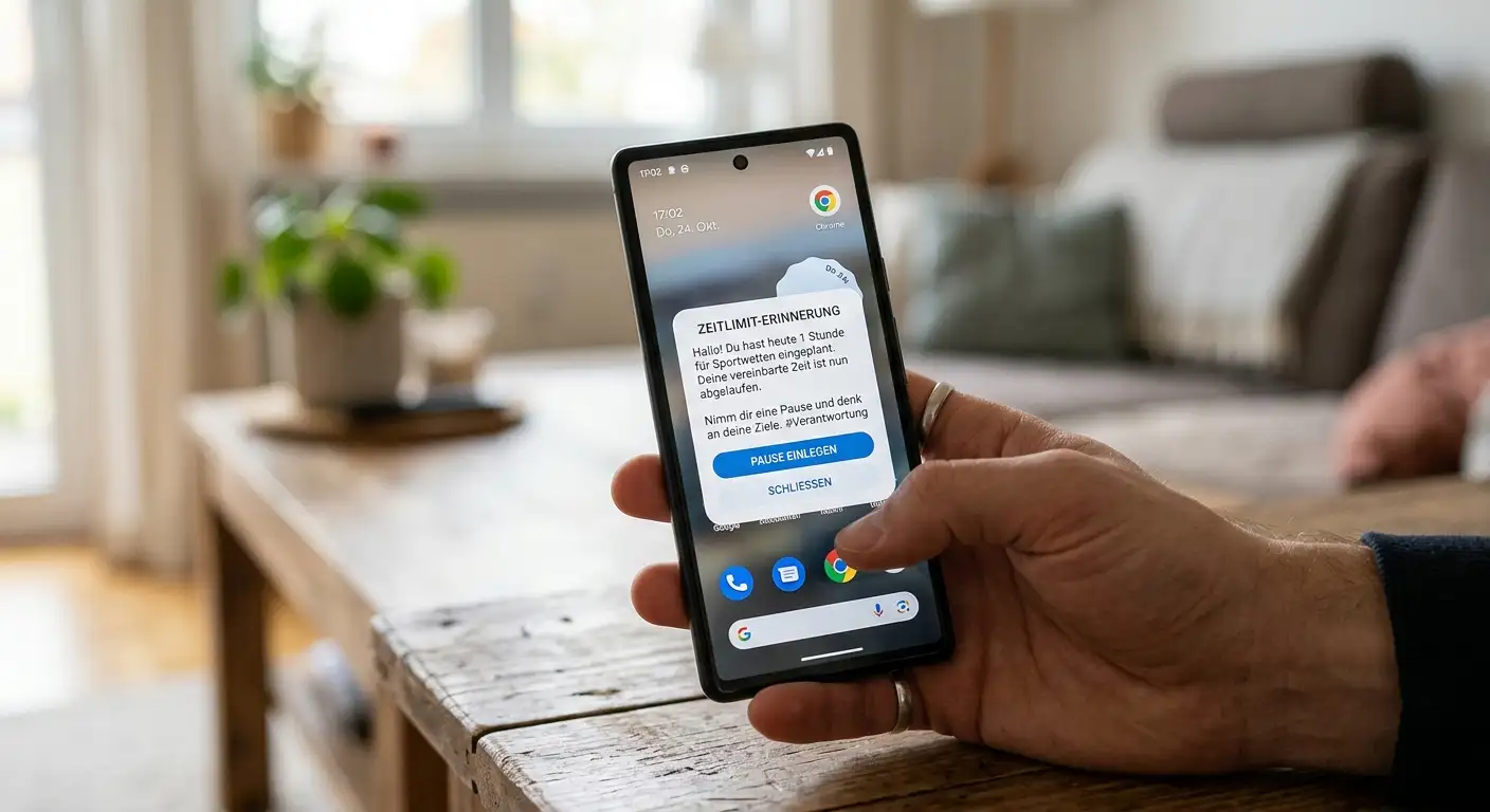 Smartphone zeigt eine Erinnerung an ein selbst gesetztes Zeit-Limit beim Wetten