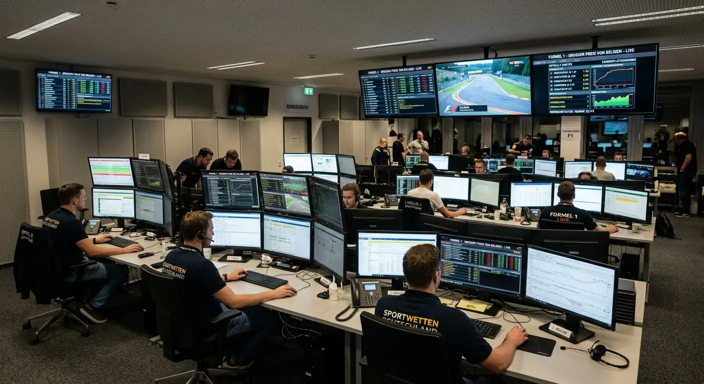 Überblick über einen Sportwetten-Trading-Desk während eines Formel-1-Wochenendes