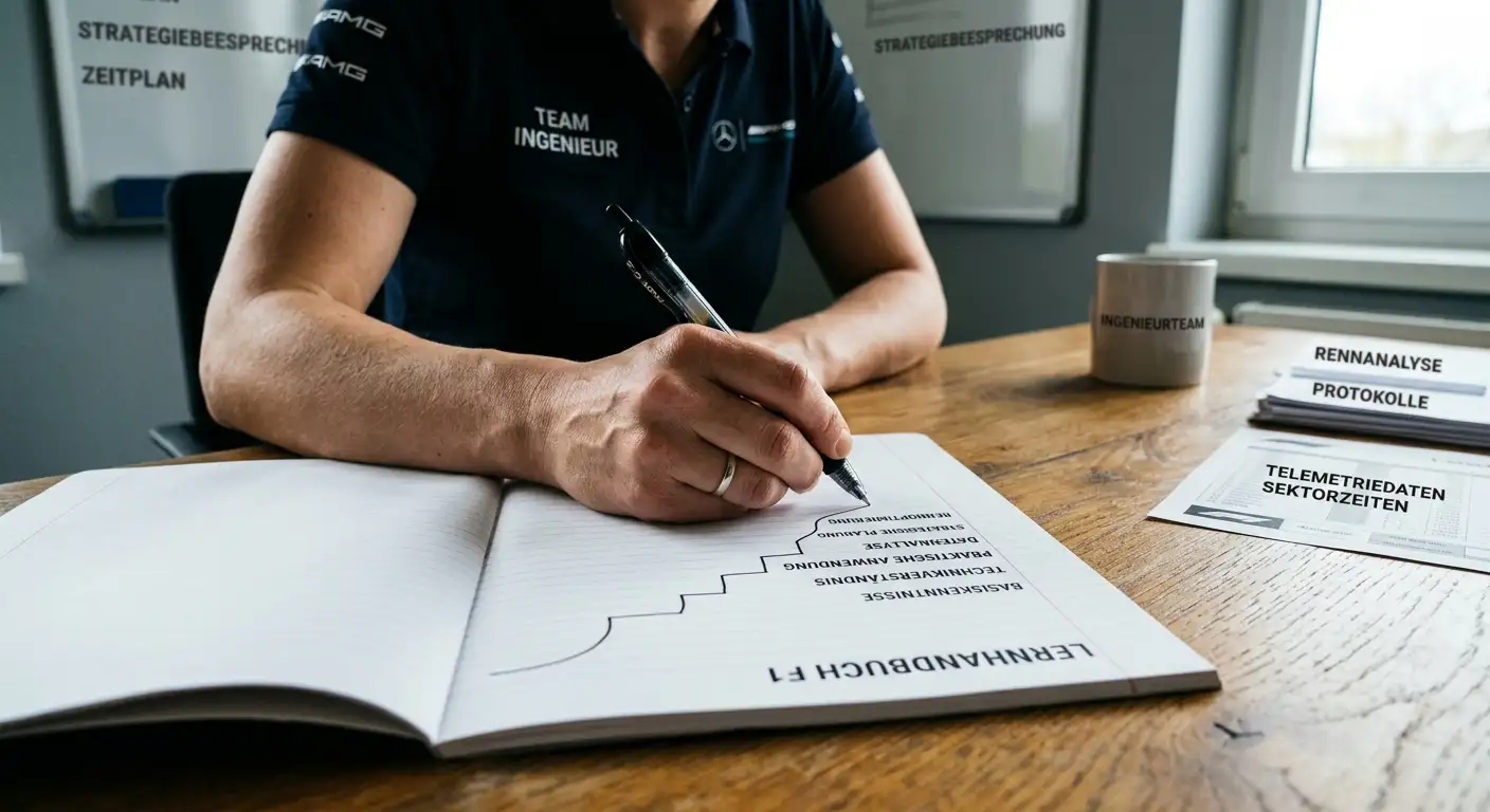 Renningenieur skizziert eine Lernkurve mit Stufenverlauf auf einem Notizblock im Briefing-Raum
