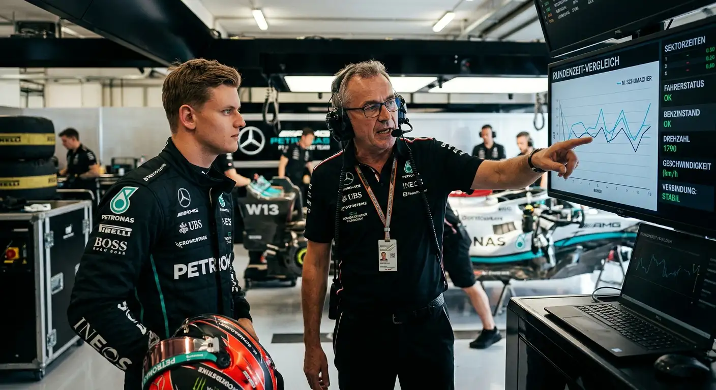 F1-Rookie und Renningenieur besprechen Vorab-Daten an einem Garage-Monitor