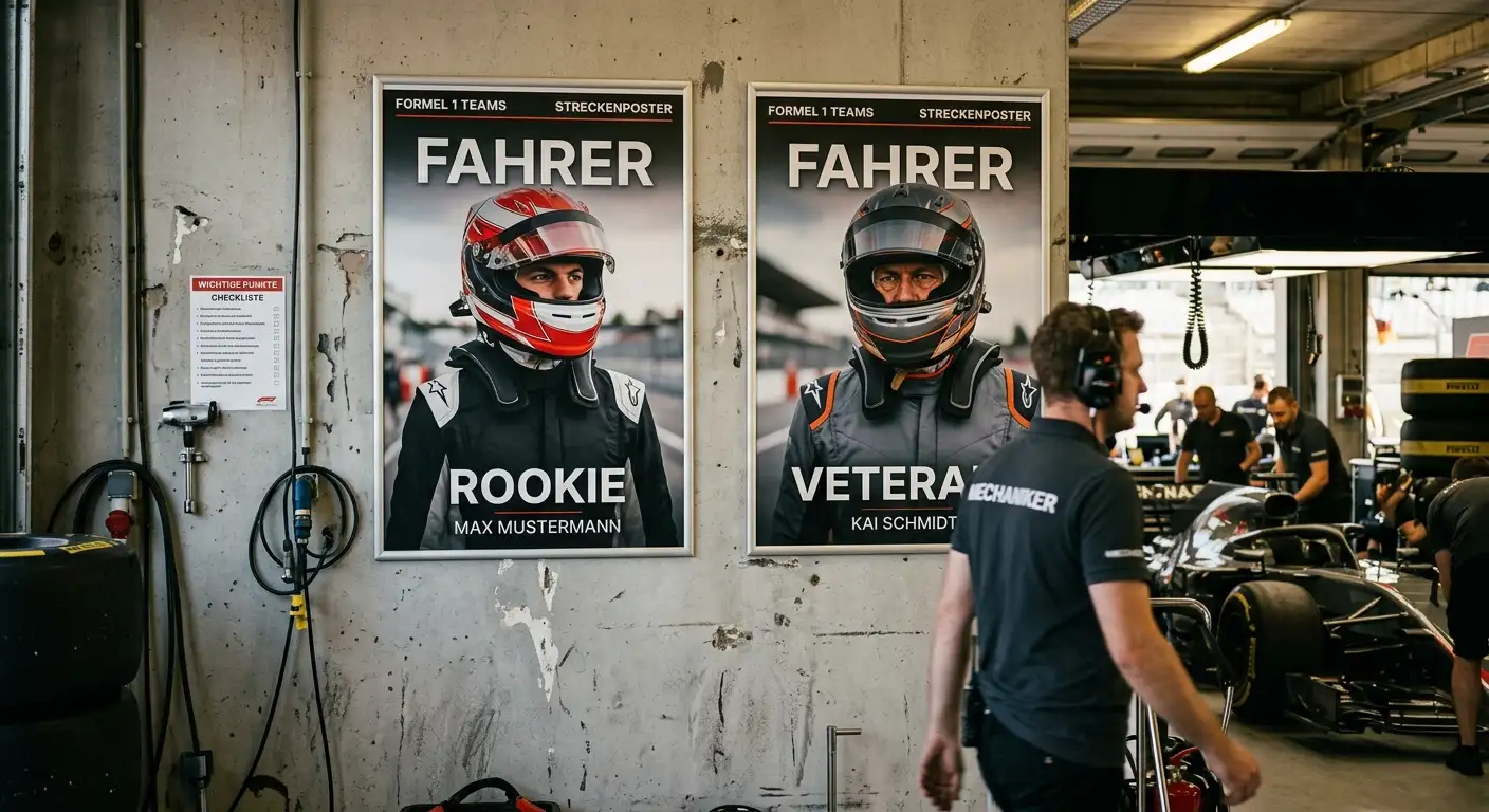 Zwei F1-Fahrer-Portraits an einer Garagenwand symbolisieren das interne Teamduell
