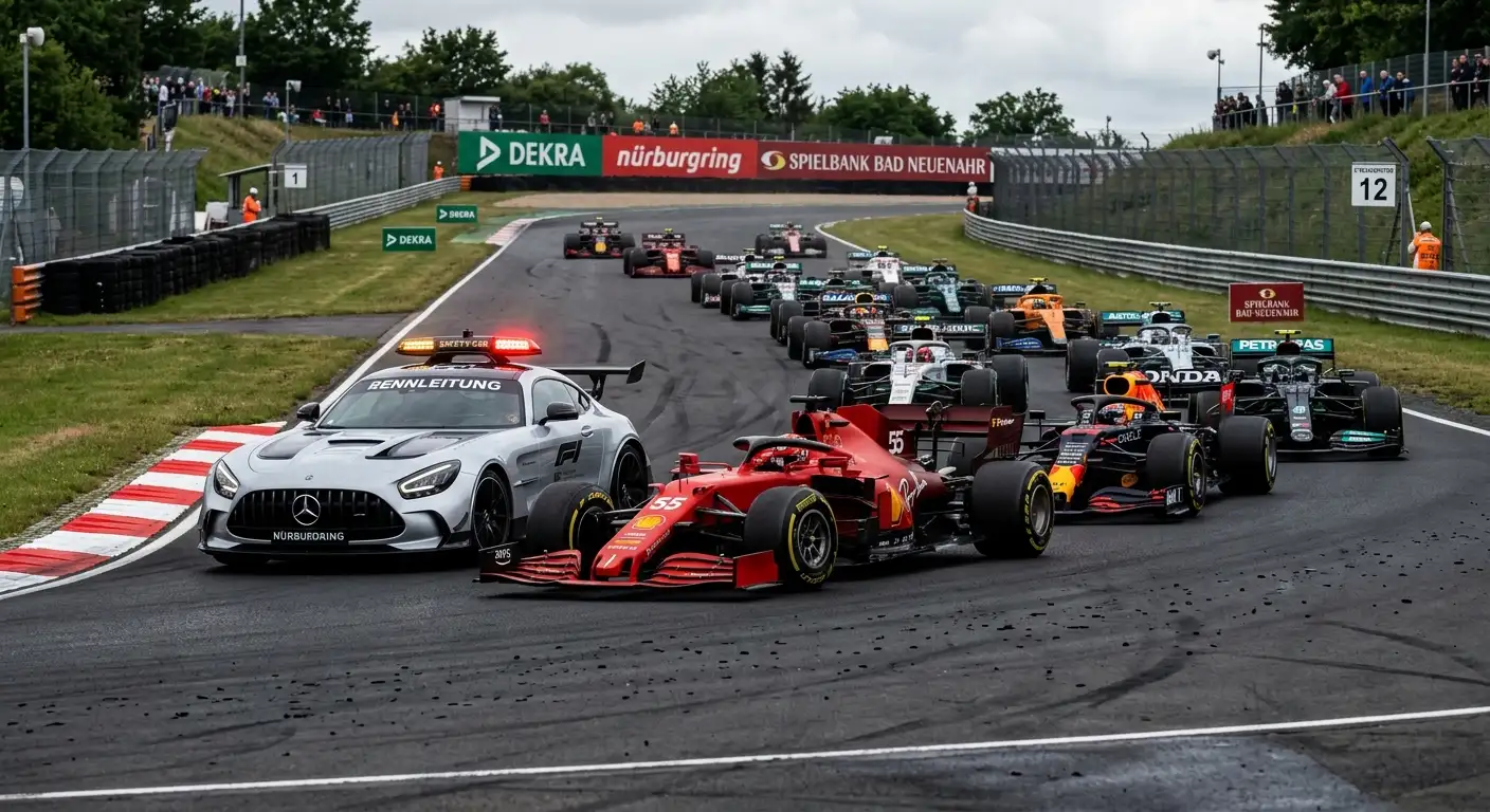 Formel-1-Feld gruppiert sich hinter dem Safety Car, Vorsprünge schmelzen zusammen