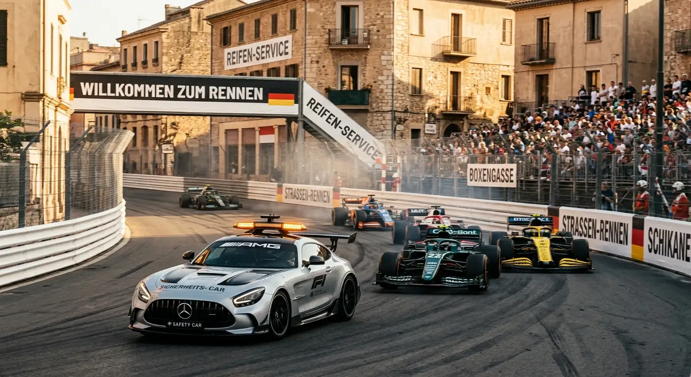 Safety-Car führt das F1-Feld in geschlossener Formation durch eine Kurve einer Stadtstrecke