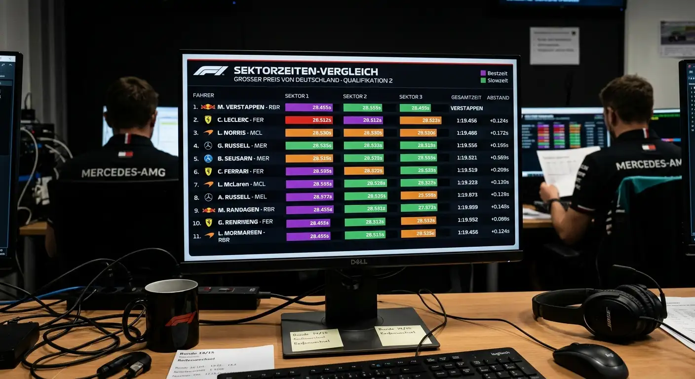 Bildschirm mit Sektorzeiten-Vergleich mehrerer Formel-1-Fahrer aus dem Training