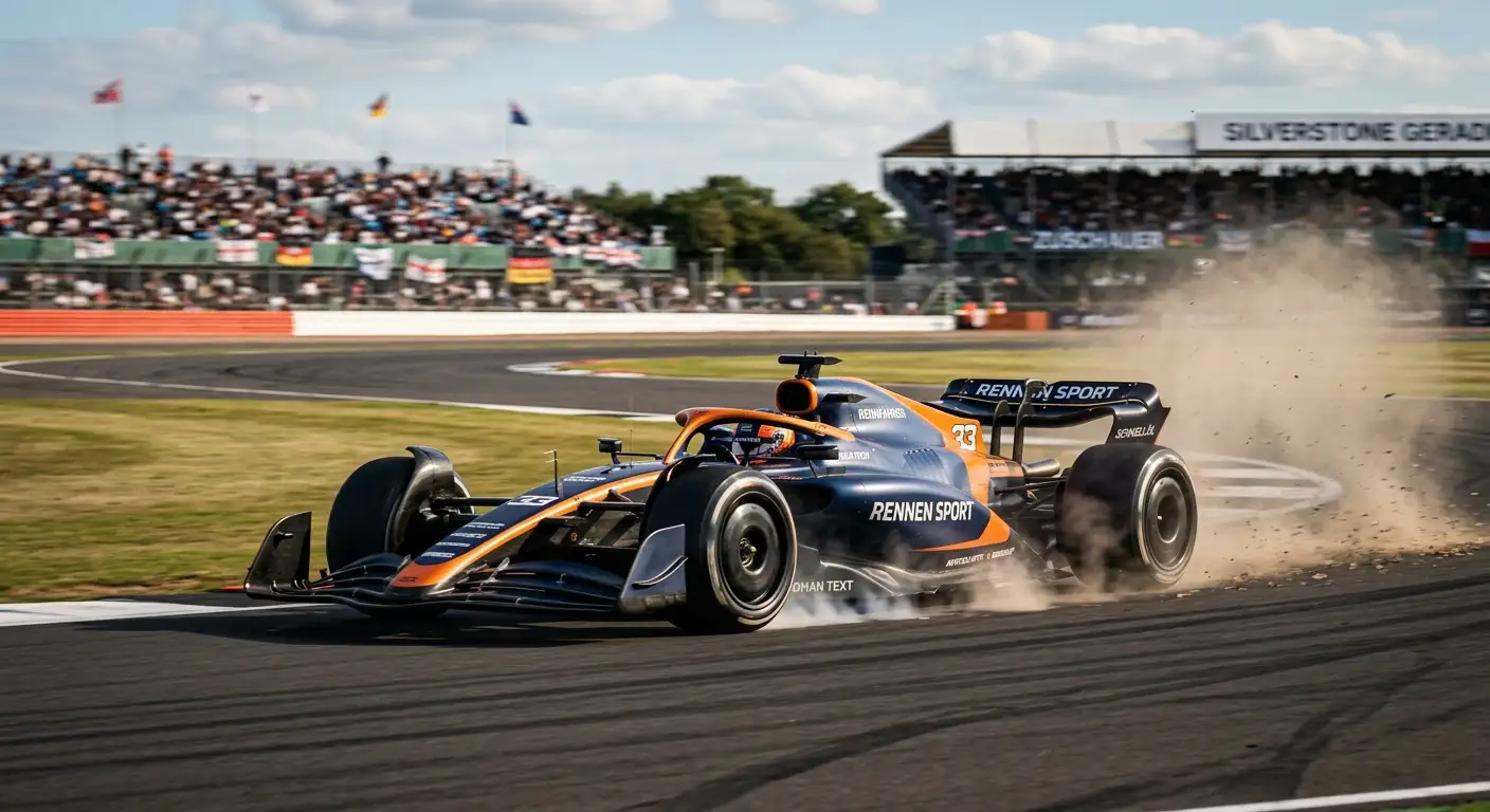 Formel-1-Bolide in einer schnellen Silverstone-Kurve mit sichtbarer Reifenbelastung