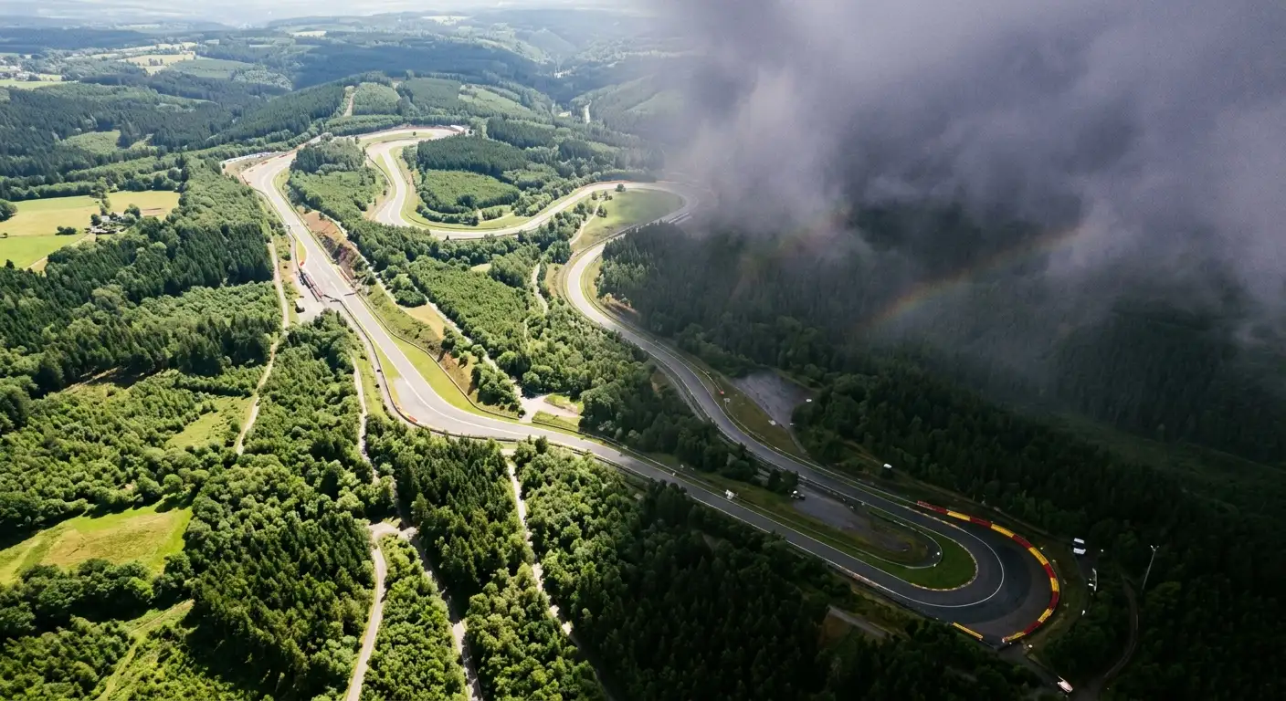 Spa-Francorchamps mit Regenfront über einem Teil der langen Hochgeschwindigkeits-Strecke