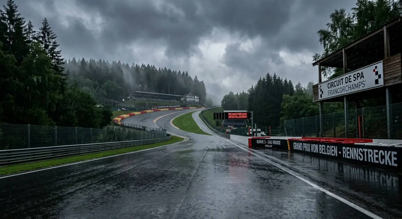 Die Rennstrecke von Spa-Francorchamps in den Ardennen bei Regen und tiefen Wolken