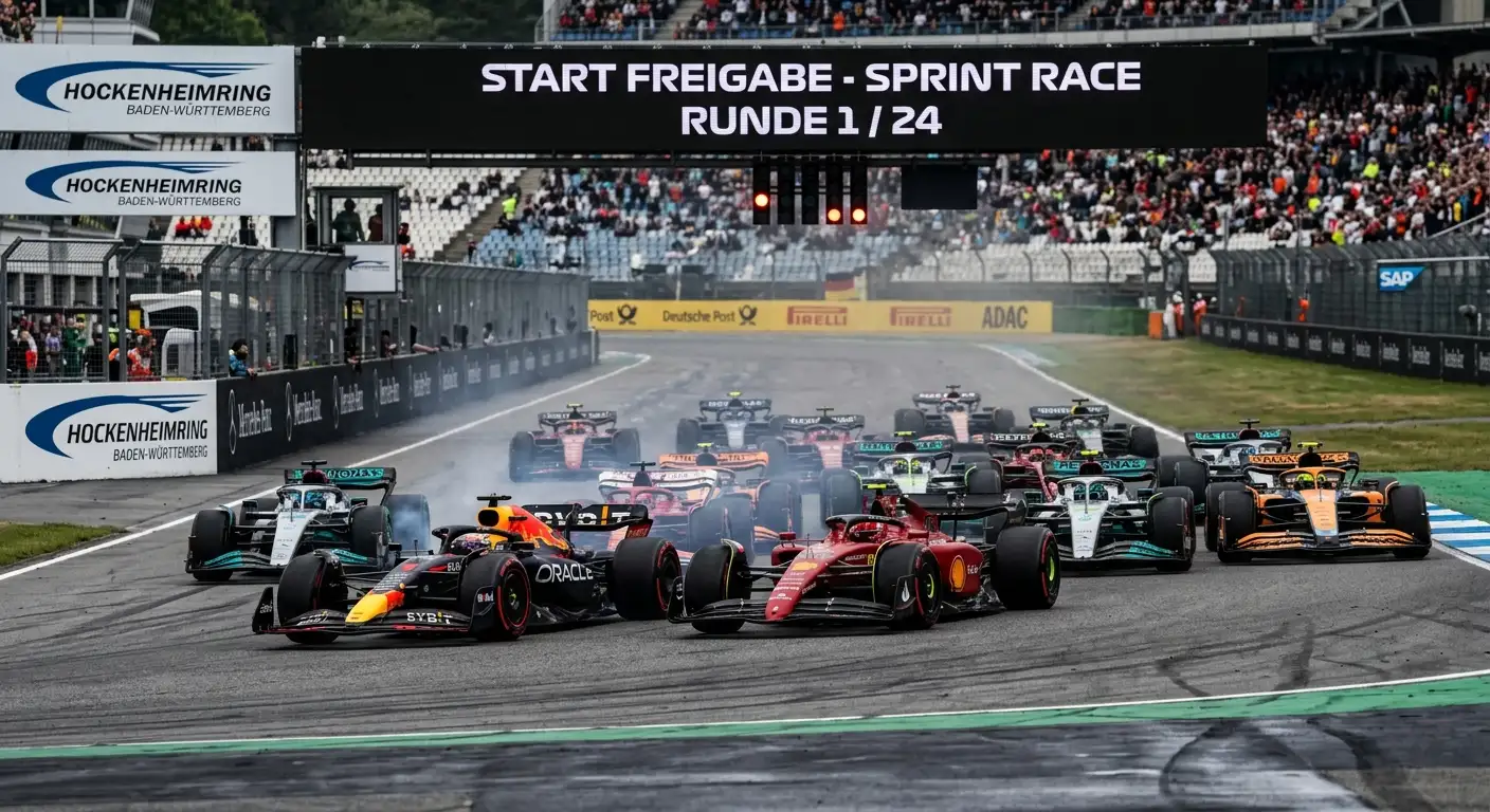 Start eines Formel-1-Sprintrennens mit dichtem Feld auf der ersten Runde