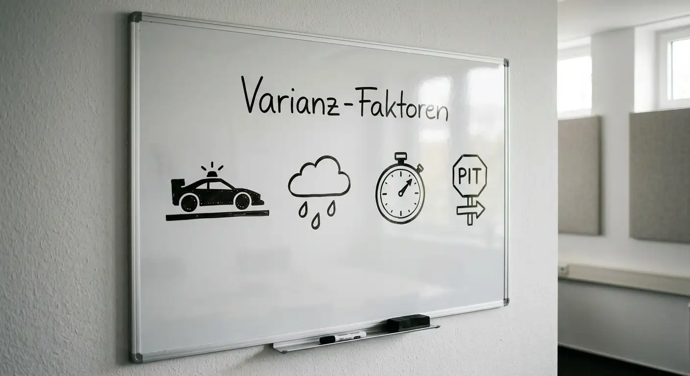Whiteboard-Skizze mit vier handgezeichneten Symbolen für die Faktoren der Strecken-Handicap-Varianz