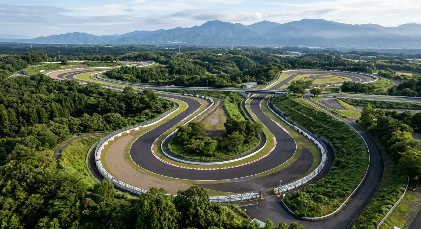 Luftaufnahme der charakteristischen S-Kurven von Suzuka mit grünem Naturraum drumherum
