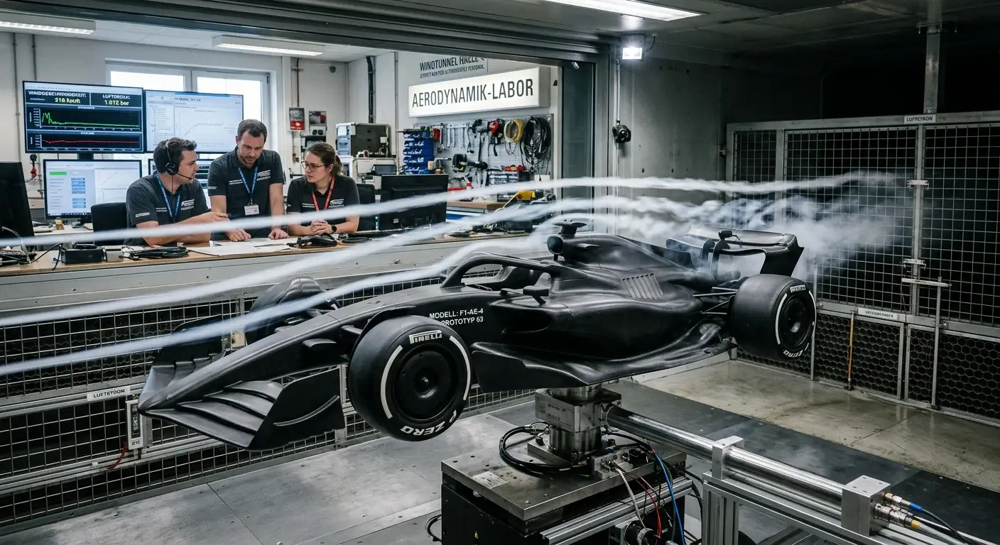 Formel-1-Aerodynamik-Modell eines Teams im Windkanal zur Weiterentwicklung