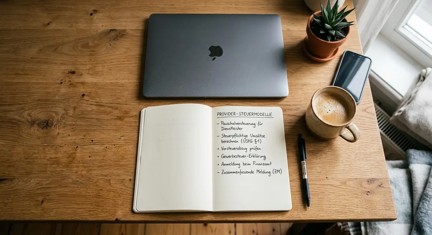 Tipper-Arbeitsplatz mit Laptop, Notizen zu Anbieter-Steuer-Modellen und Kaffeetasse