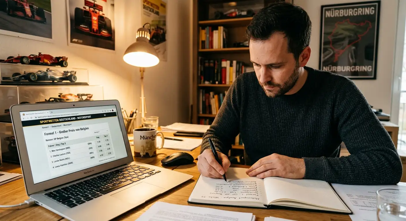 Person analysiert implizite Wahrscheinlichkeiten und Quoten mit Notizbuch und Laptop