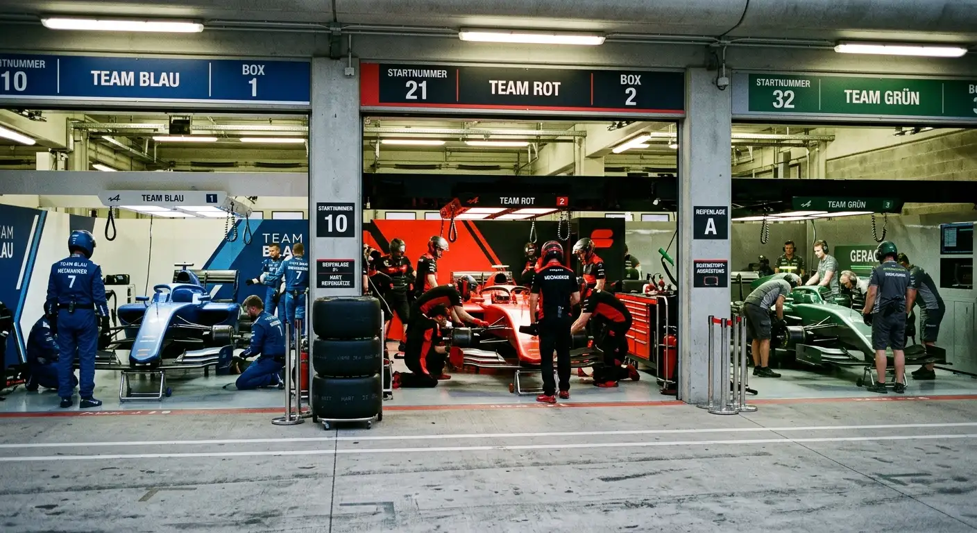 Boxengaragen dreier Formel-1-Topteams mit Mechanikern und Rennwagen nebeneinander